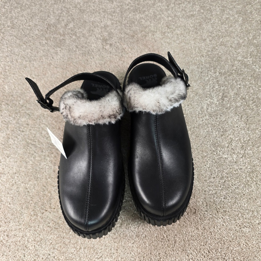 Sorel Ona Ave Mule Black Sea Salt Leather‎ Faux Fur Platform Clog NL5150-010 7.5 - Picture 6 of 8